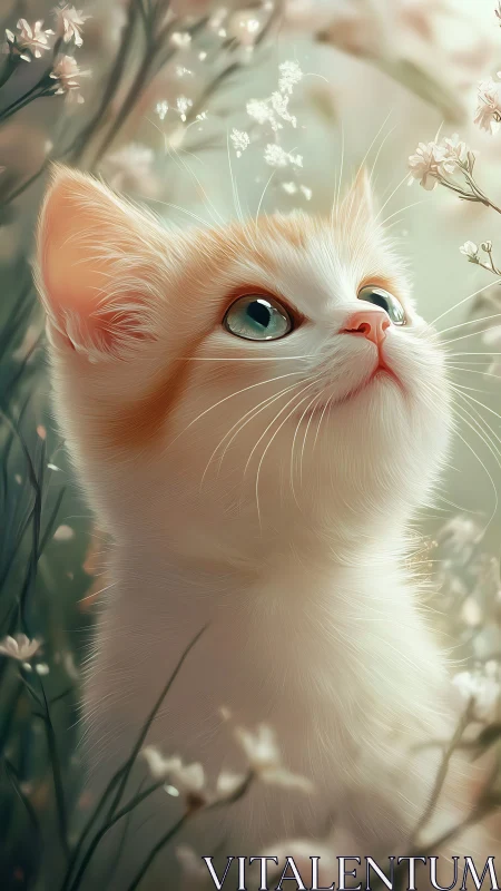 White Cat with Heterochromia Gazing Among Delicate Flowers
