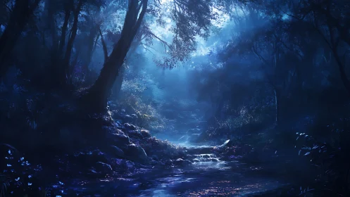 Luminescent Forest Stream: Mystical Moonlit Ravine.