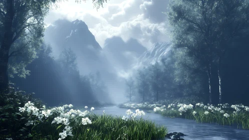 Morning rays over misty river valley and distant peaks.