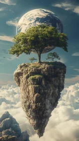 Floating monolithic island with arboreal crown beneath planet.