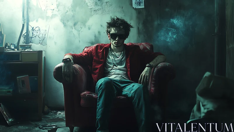 Disheveled youth on red armchair in cyan backlit grunge room.