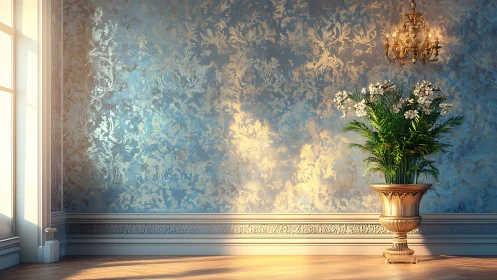 Baroque-lit floral urn against gilded damask accent wall.