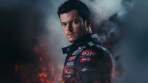 Brooding racing driver amid cinematic fire and smoke backdrop.