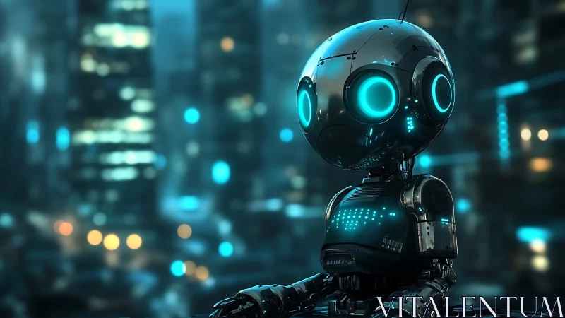 Small chrome robot with glowing cyan eyes stands in cityscape