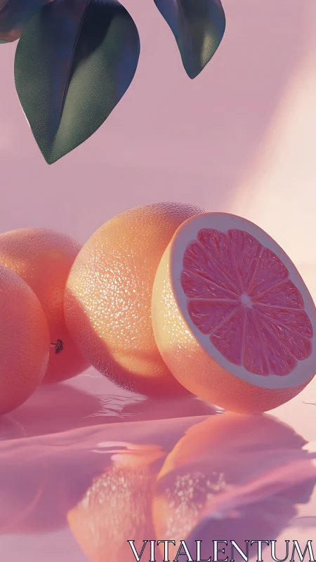 Sunlit grapefruit still life on reflective pink surface.