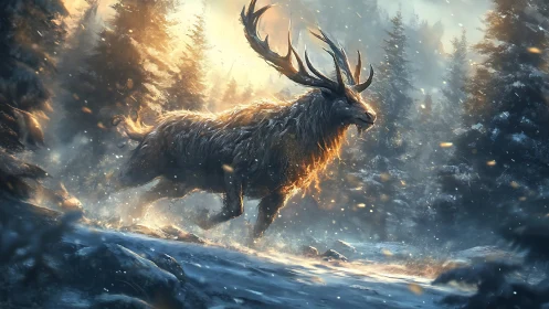 Mythic stag charging through glowing winter forest storm.
