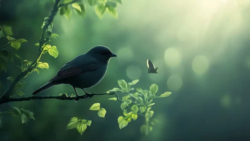 Serene bird on branch in soft morning light, dreamy nature scene.