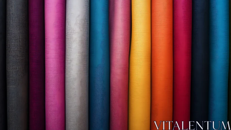 Vertical rolls of multicolored textured fabric aligned in rows.