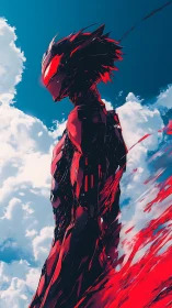 Red cybernetic humanoid stands against bright cloudy sky