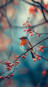 Songbird perches amid coral berries and teal bokeh glow.