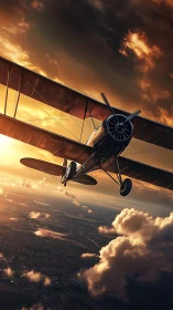 Biplane under stratified sunset cloud deck in dynamic climb.