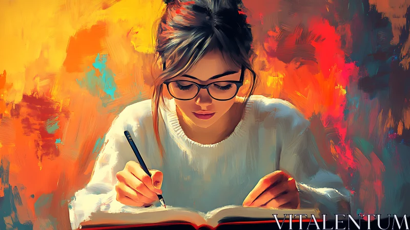 Girl studies intently with pencil over open book