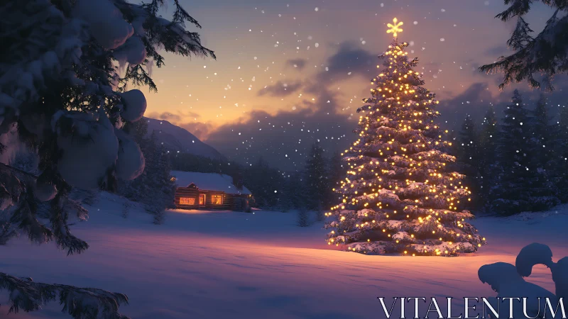 Snowy forest Christmas tree glows beside a cozy winter cabin.