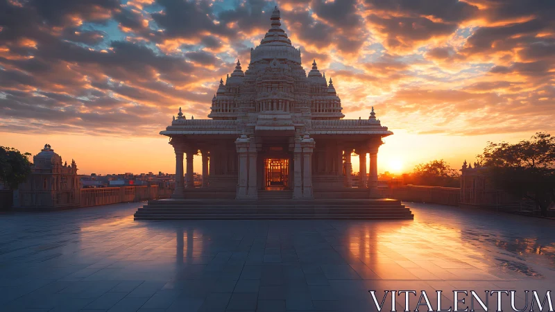 Sunlit marble temple façade under dramatic glowing sky.