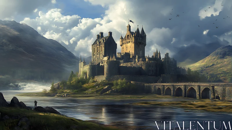 Stormlit highland fortress brooding above a silver river.