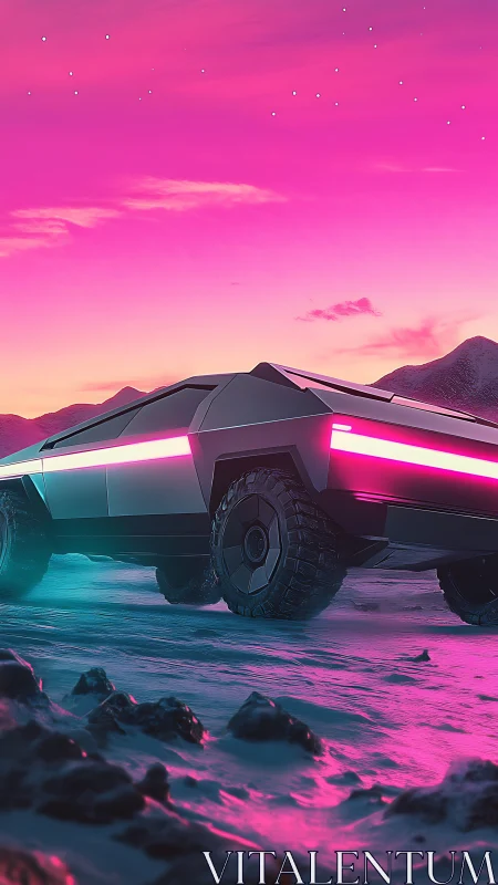 Cyberpunk off-road EV under neon dusk gradient sky.