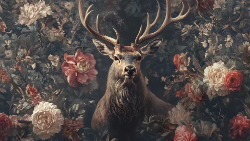 Stag in a dreamlike rose garden of quiet woodland grace.