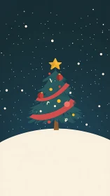 Minimalist Christmas tree on snowy hill at night.