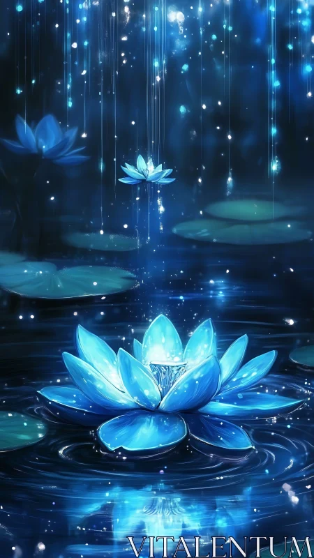 Moonlit sapphire lotus catching rainfall of tiny stars.