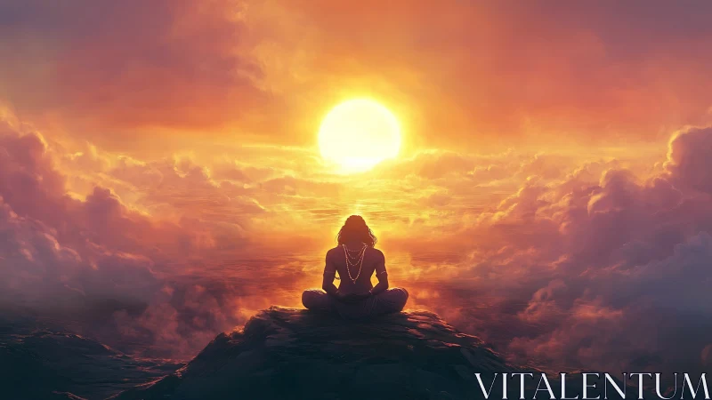 Solitary figure meditates above clouds in radiant sunset glow