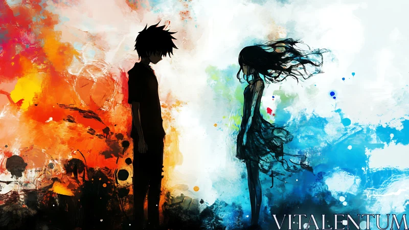 Silhouetted couple divides fiery chaos and cool serenity