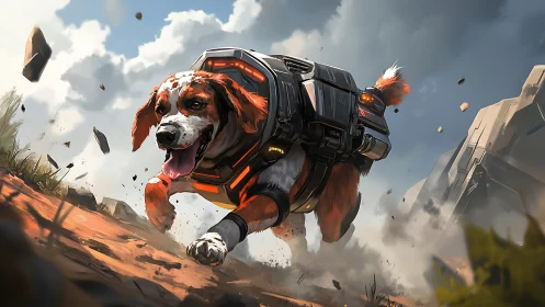 Rocket-pack beagle barrels through rubble toward bright horizons