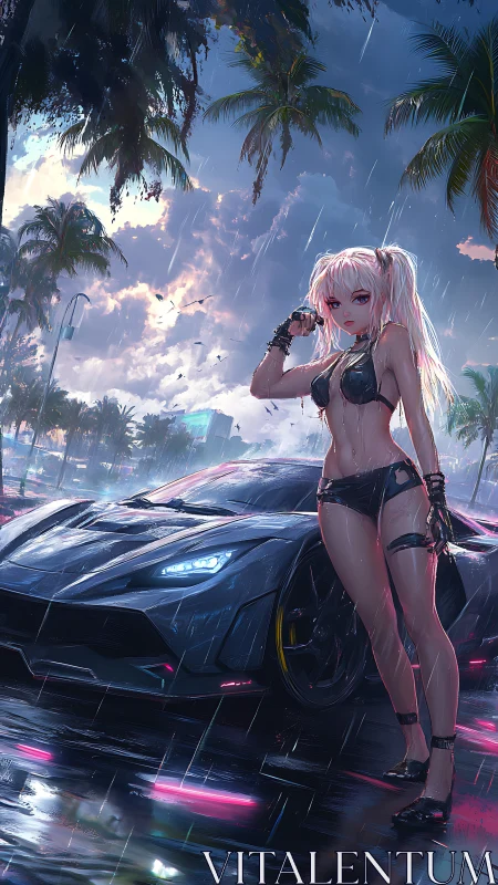 Rain-soaked city street with sports car and anime figure.