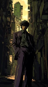 Stoic alleyway drifter under molten neon sky at dusk.