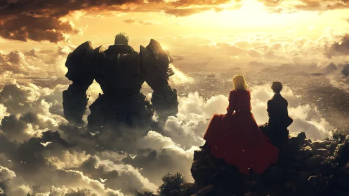 Three figures overlook glowing city from clouded cliff.