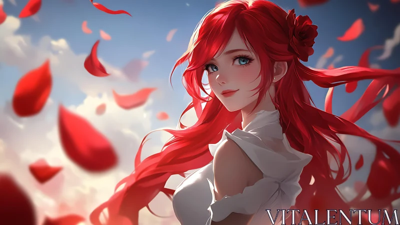 Red haired anime girl amid falling rose petals at dusk.
