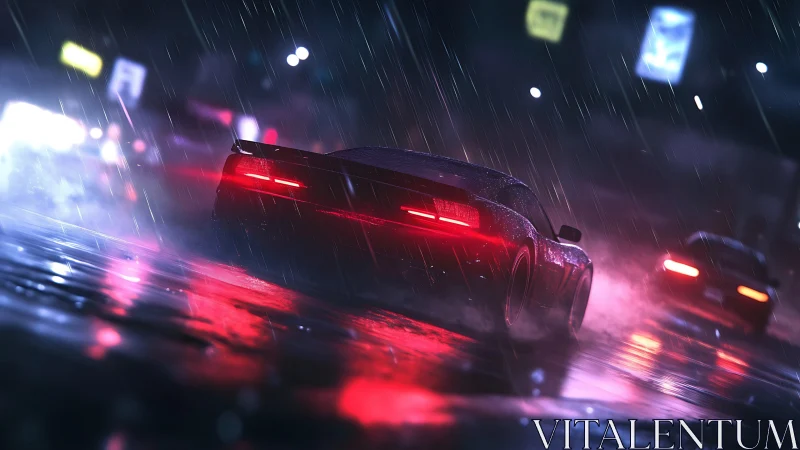 Rain-soaked street racers emit neon reflections and motion blur