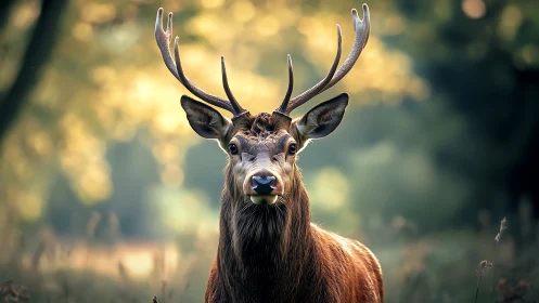 Stag stands alert under golden forest bokeh light glow.