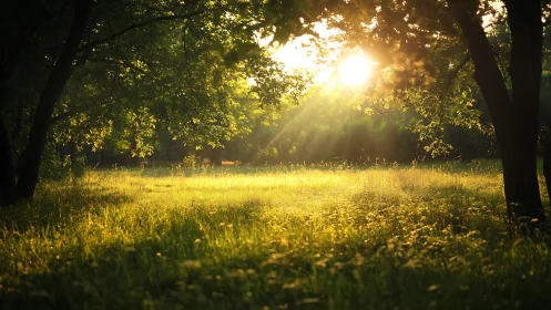 Backlit deciduous meadow under low sun with volumetric rays
