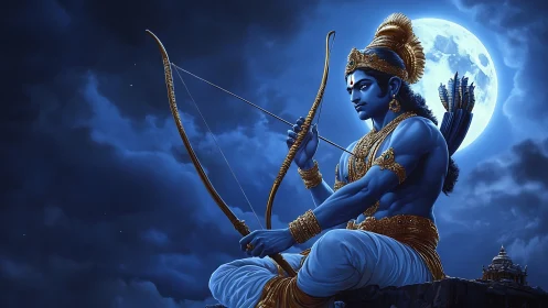 Blue skinned archer deity under full moonlit night sky.