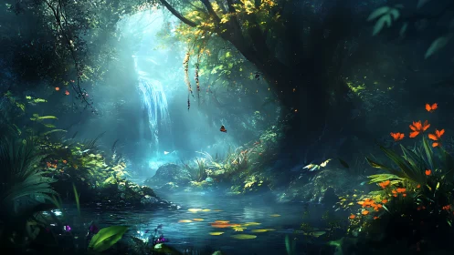 Luminescent Underground Waterfall in Bioluminescent Cavern with Flora