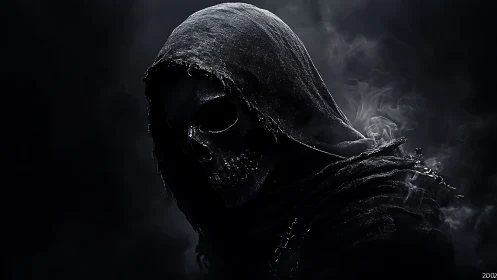 Hooded skeletal figure is rendered in low key digital lighting