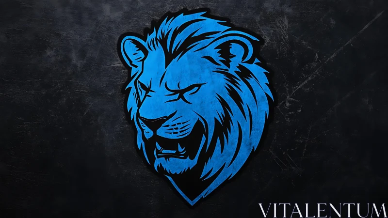 Electric cobalt lion emblem on brooding charcoal stone wall.