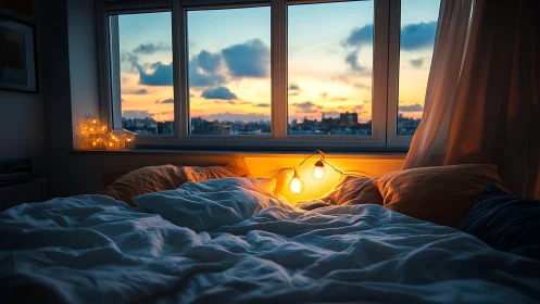 Golden twilight hums softly above a crumpled winter bed