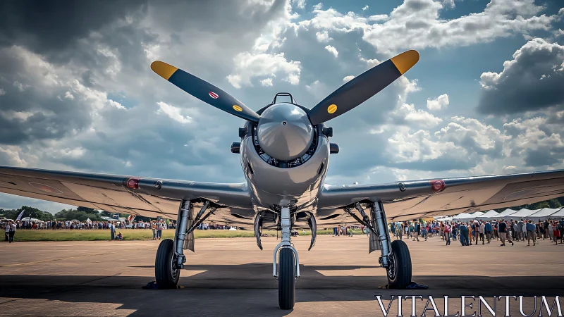 Vintage propeller aircraft stands on tarmac during airshow
