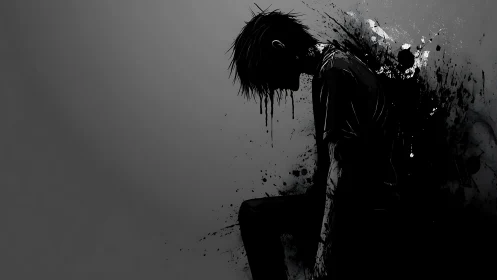 Silhouetted figure sits in dripping black abstract darkness