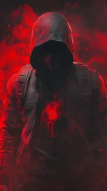 Hooded figure in red smoke stands centered with obscured face