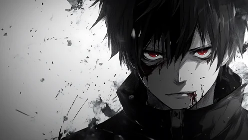 Storm-eyed antihero in ink-splashed grayscale fury.