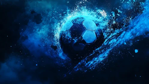 Electric blue soccer ball bursting through cosmic splash.