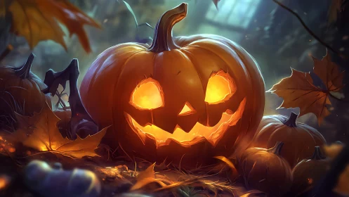 Glowing jack o’lantern smiling warmly in a cozy forest night.