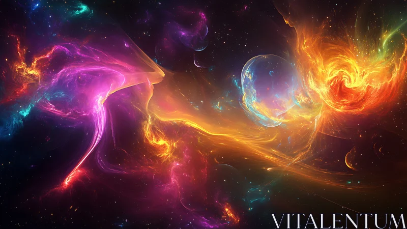 Cosmic nebula streams swirl in luminous rainbow colors.