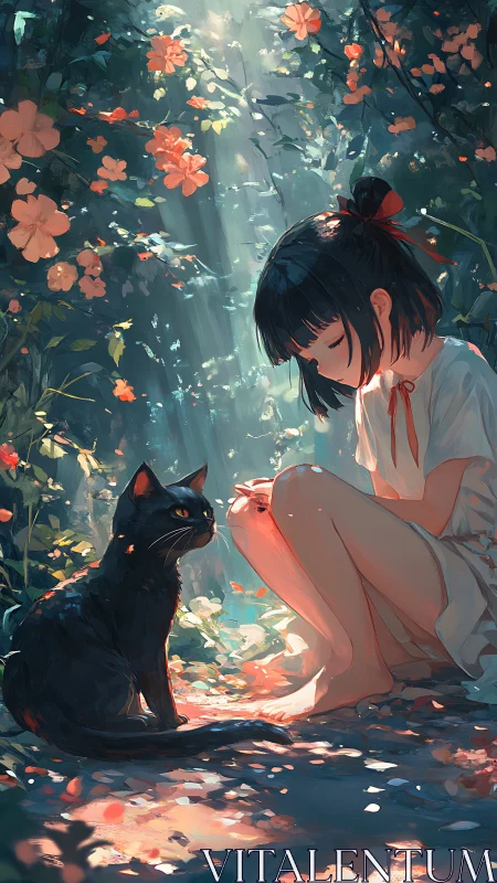 Girl and black cat share quiet sunlight in a floral glade.