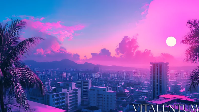 Neon sunset bathes tropical high rise city skyline in pink glow