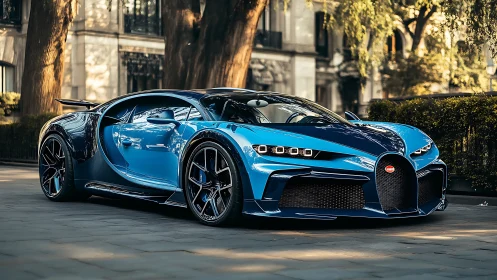 Midnight blue hypercar prowls the city boulevard in style