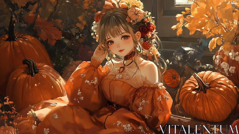Cozy autumn girl resting among glowing pumpkins and leaves.