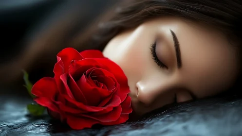 Red rose resting beside serene sleeping woman in close focus
